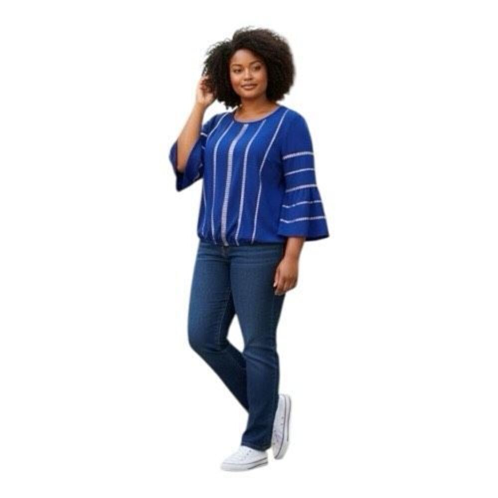Alfani Royal Blue Silver Studded Blouse Plus Size 14W Scoop Neck Flare Sleeve